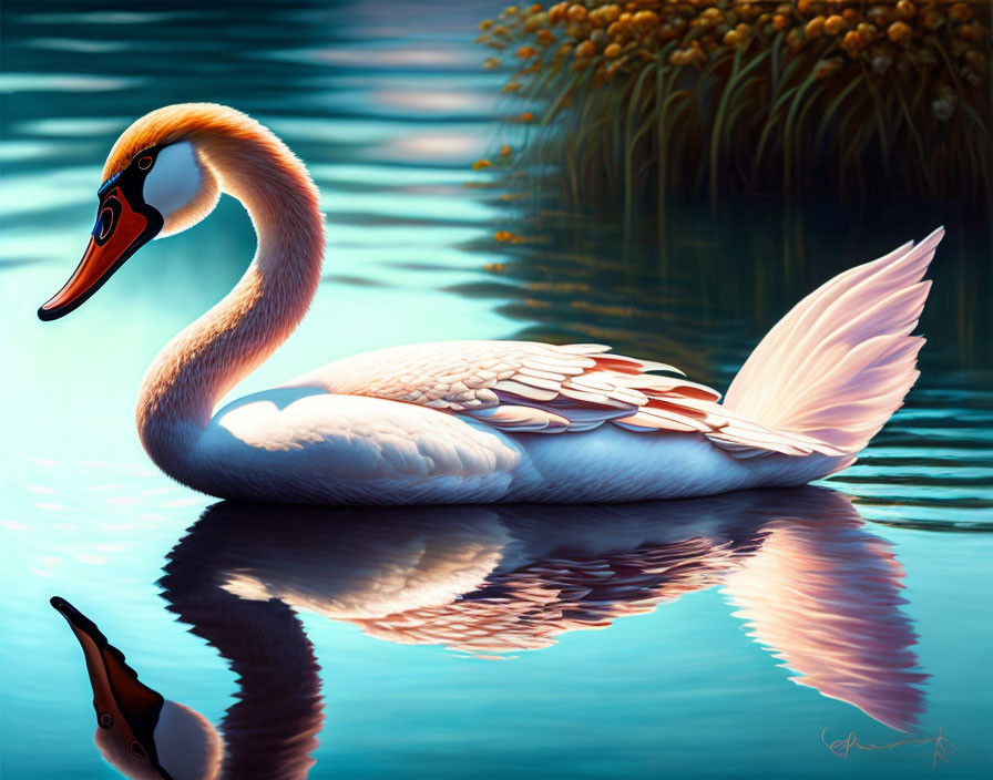 Swan gliding on tranquil lake with lush surroundings