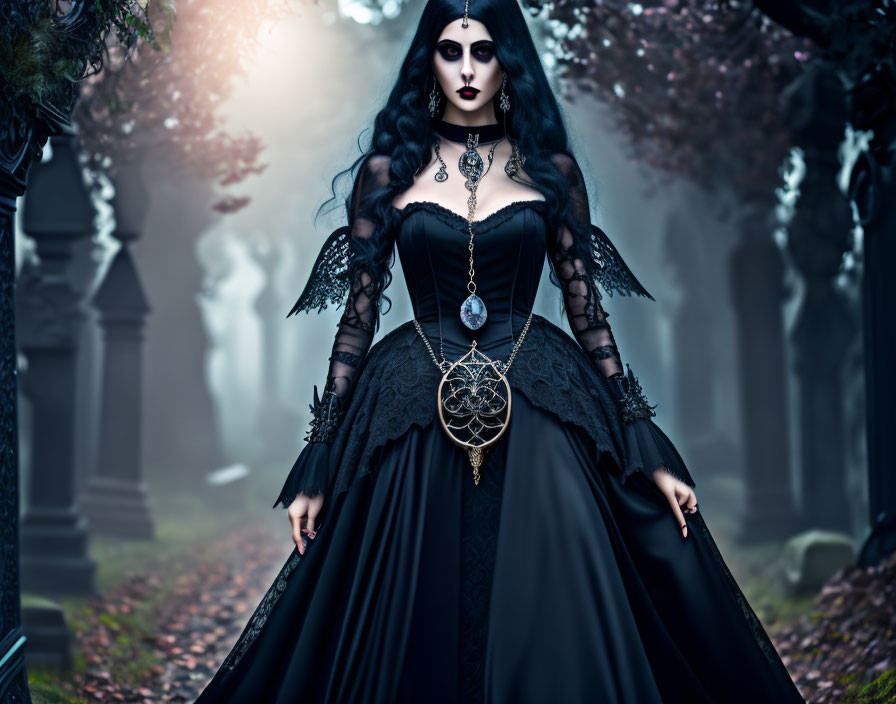 Woman in black gothic dress in misty forest with pentagram necklace