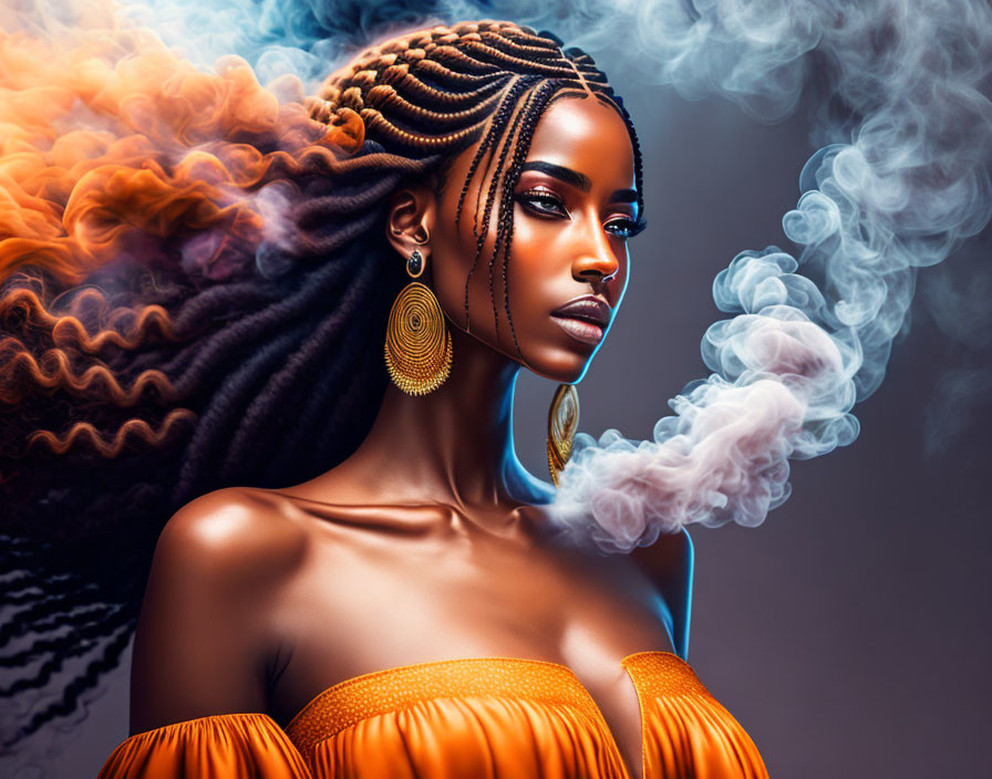 Digital artwork of woman with intricate braids, striking makeup, large hoop earrings, orange dress, and