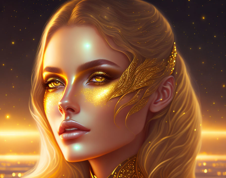 Woman with Golden Glitter Makeup in Twilight Setting