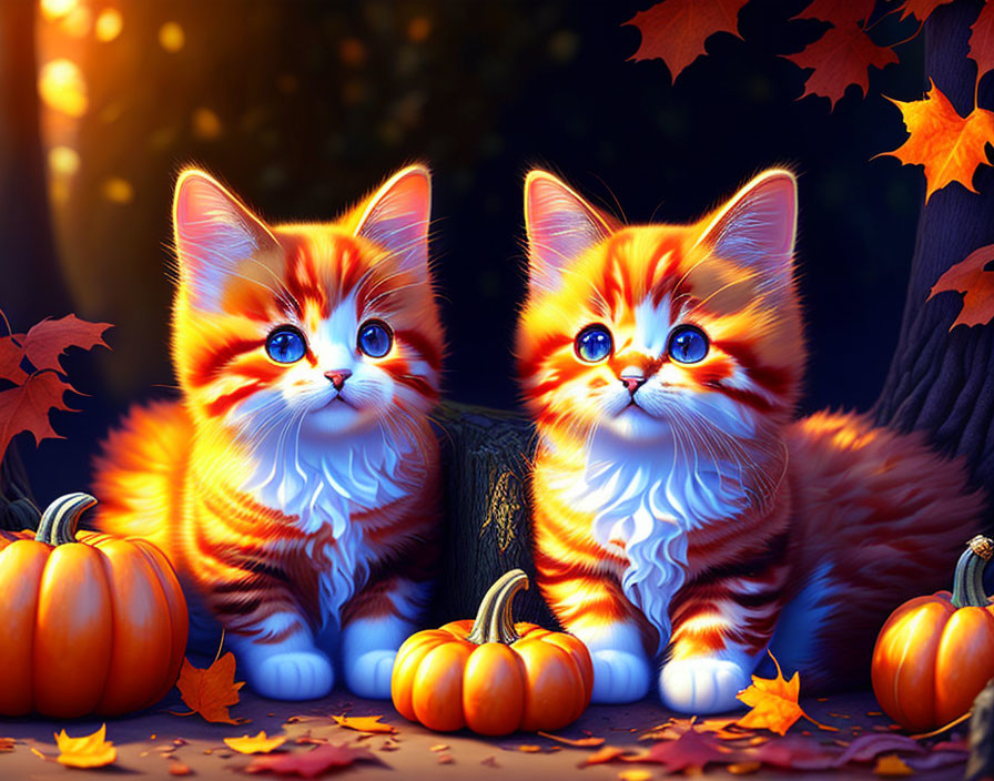 Vibrant orange kittens with blue eyes in autumn setting