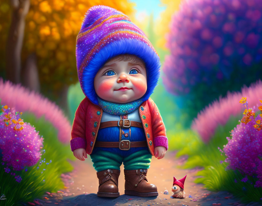 Illustration of baby in colorful outfit among vibrant flora