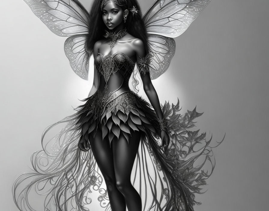 Fantasy female figure with butterfly wings in elegant armor attire