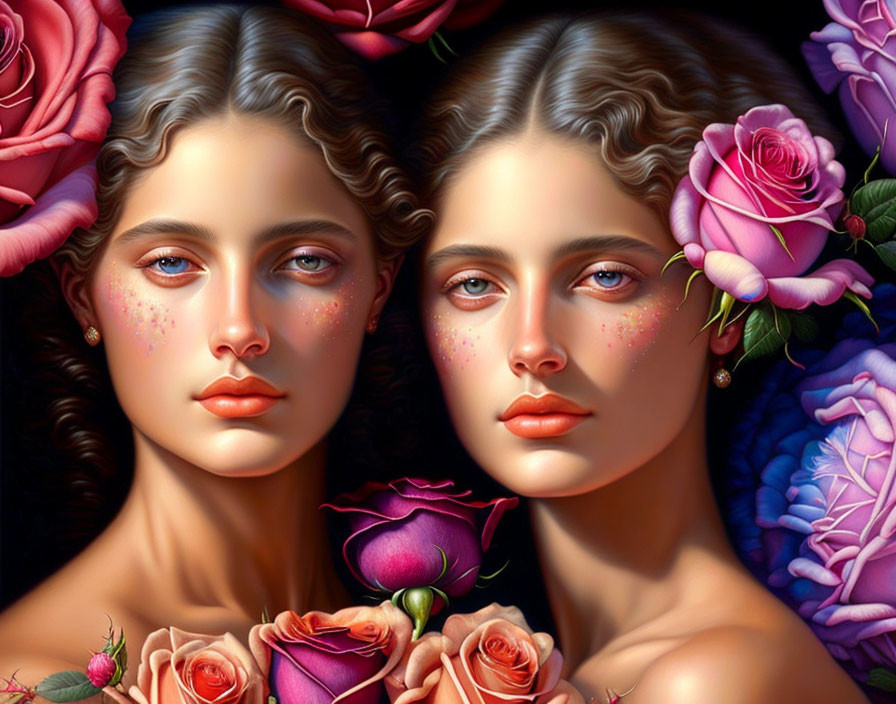 Digital painting: Twin women with roses in pink and purple