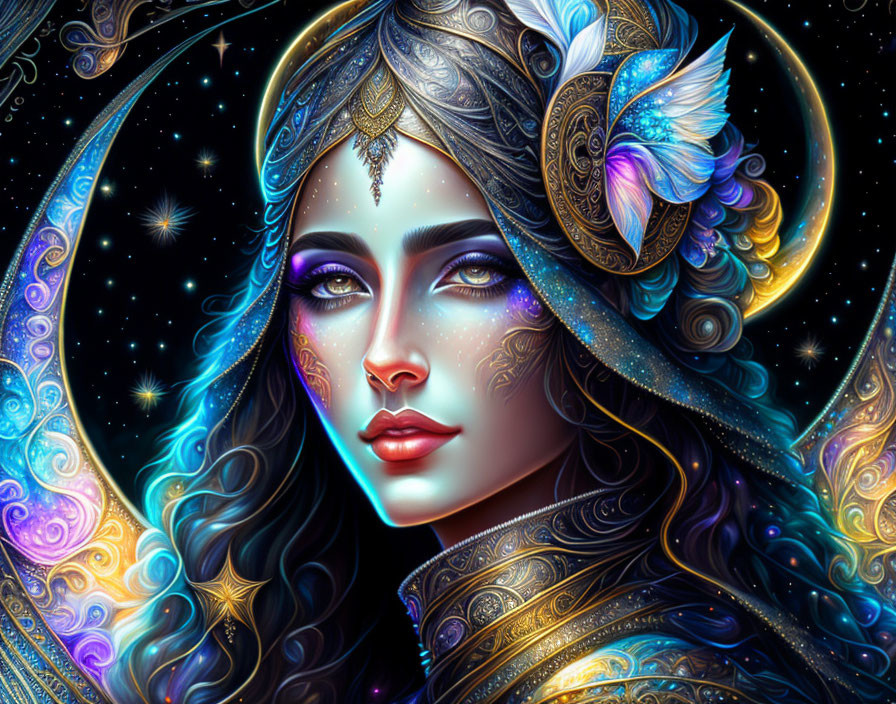 Colorful fantasy artwork: Woman with ornate headgear, butterfly, cosmic background