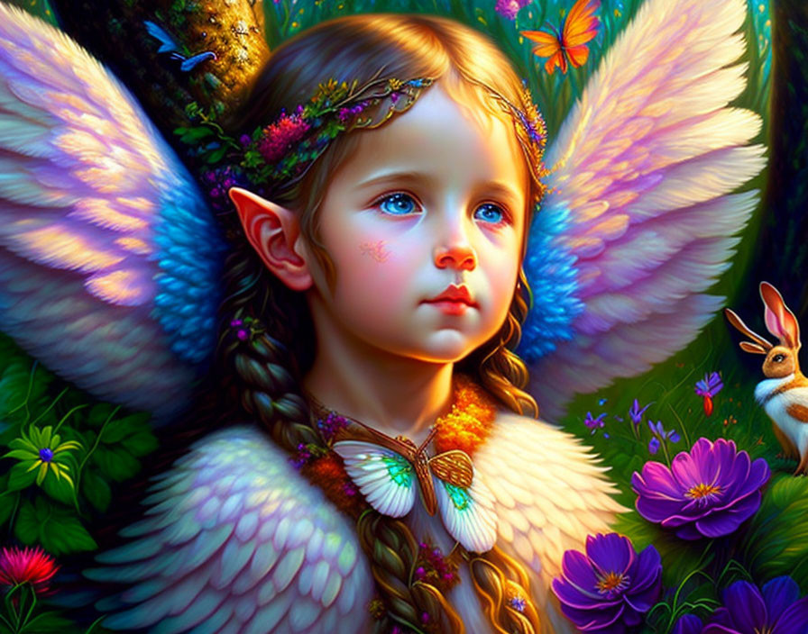 Fantasy illustration of child with angelic wings and floral crown