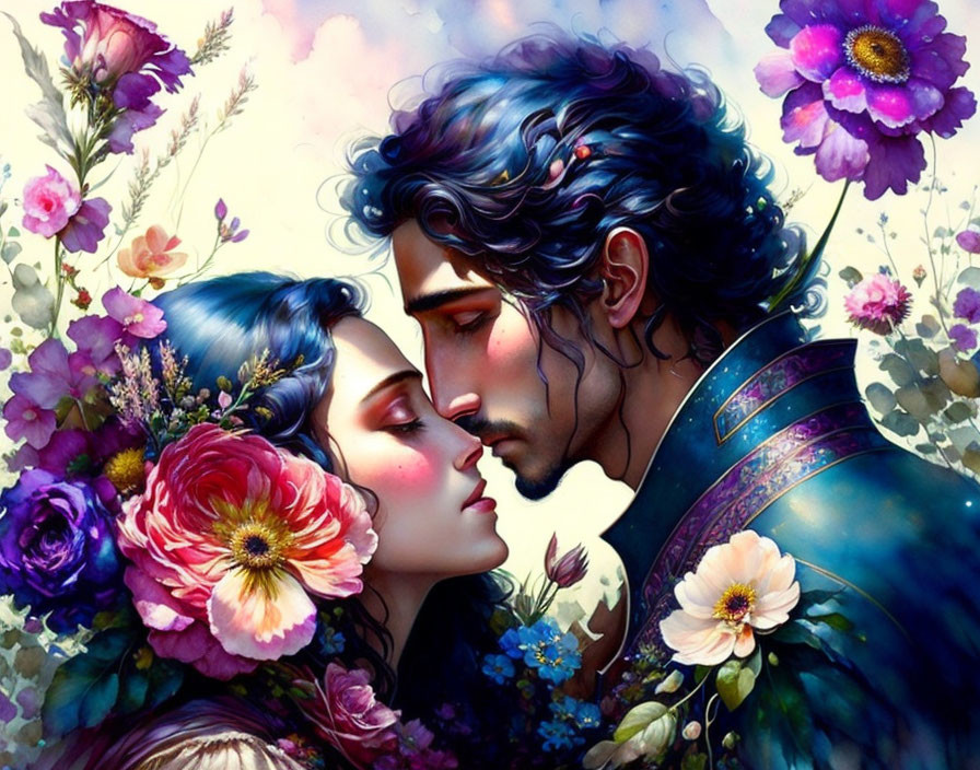 Romantic couple surrounded by vibrant flowers in colorful setting