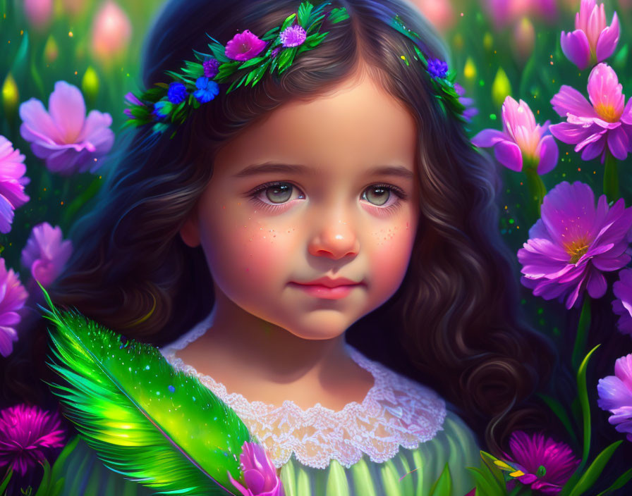 Digital artwork of young girl with brown hair, floral headband, pink flowers, green feather.