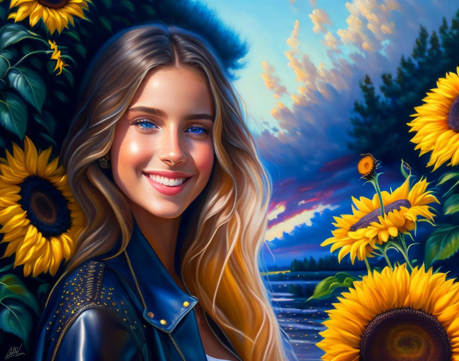 Smiling woman in leather jacket among sunflowers under blue sky