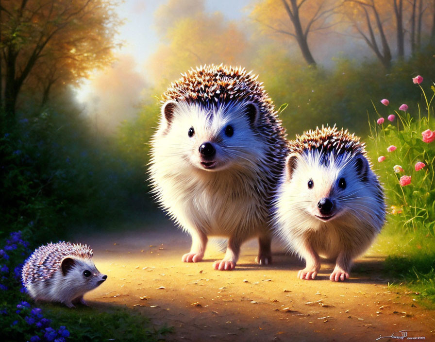 Three Cartoon Hedgehogs in Mystical Forest with Sunlight and Pink Flowers