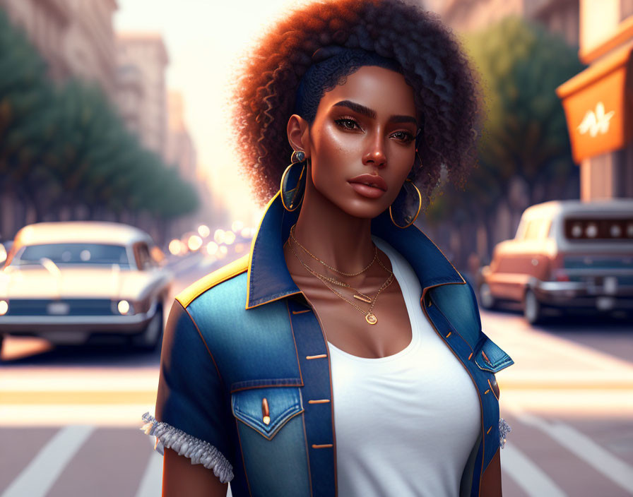 Stylized digital portrait of woman with afro, gold jewelry, denim jacket, urban street backdrop