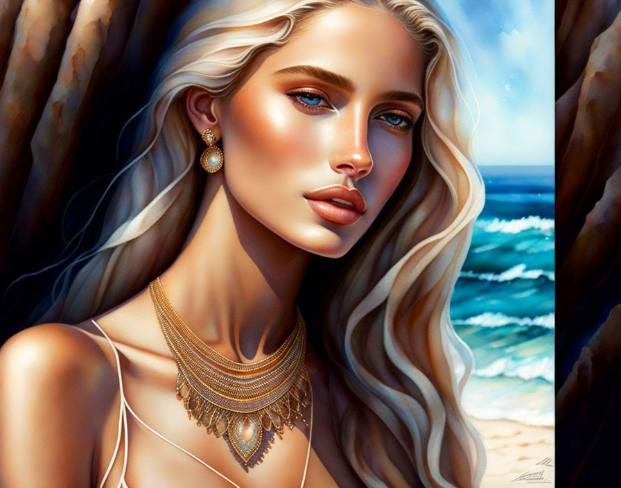 Blonde Woman Portrait with Blue Eyes and Gold Jewelry on Beach Background