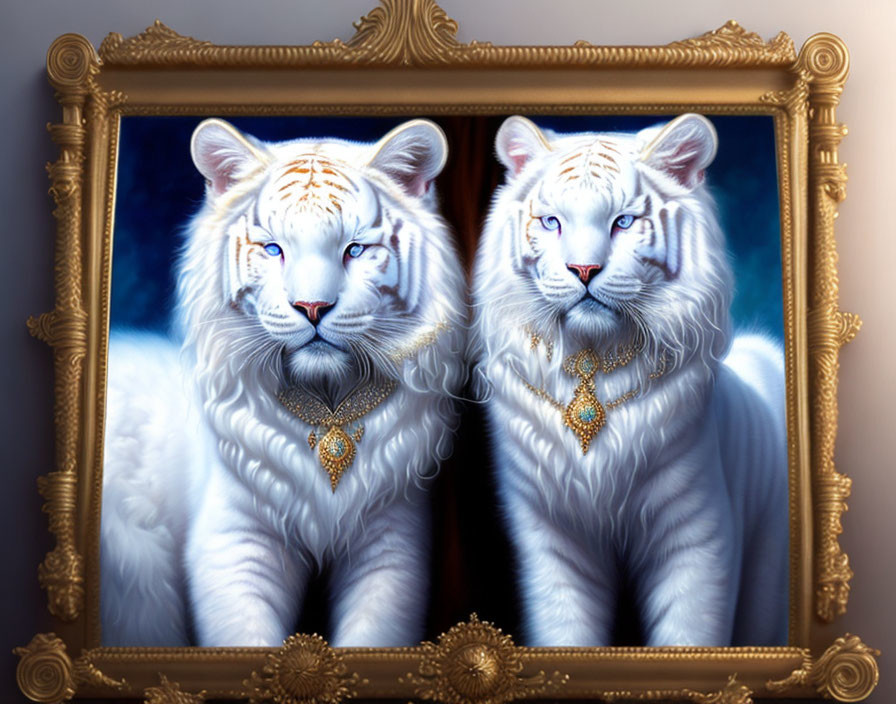 Two white tigers with blue eyes in golden necklaces, framed against blue.