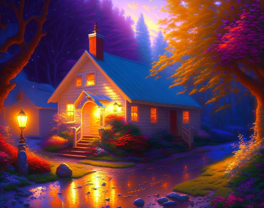 Twilight cottage with colorful trees and glowing lamp post