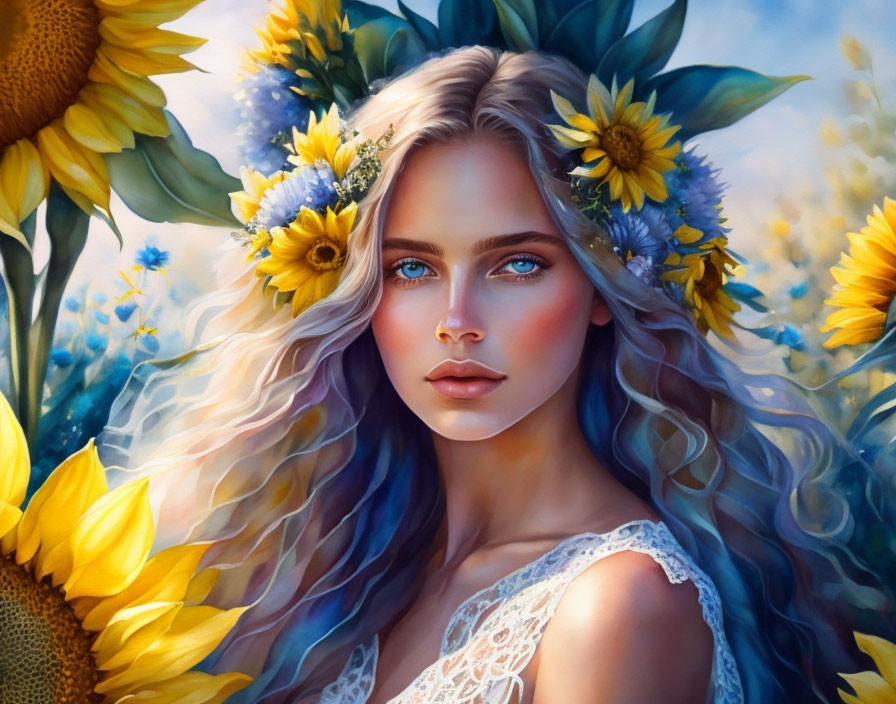 Woman with Blue Eyes in Sunflower Crown Surrounded by Flowers