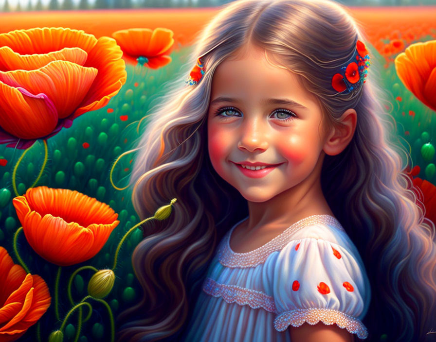 Young girl with blue eyes in ladybug headband among red poppies