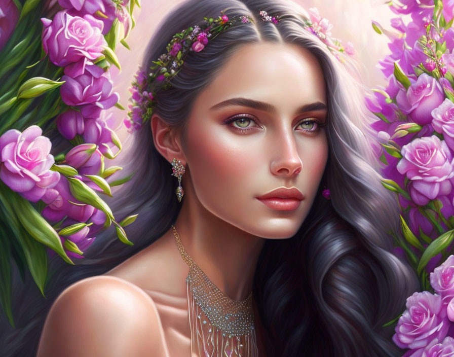 Portrait of woman with floral headband and pink flowers, green eyes, dark hair, intricate necklace