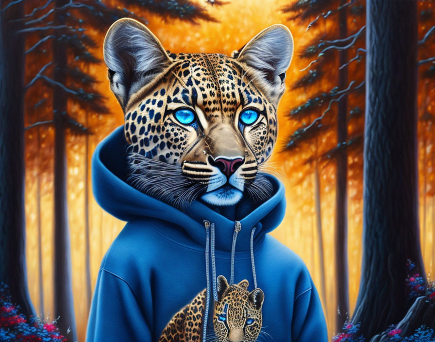 Anthropomorphized leopard in blue hoodie in forest at sunset