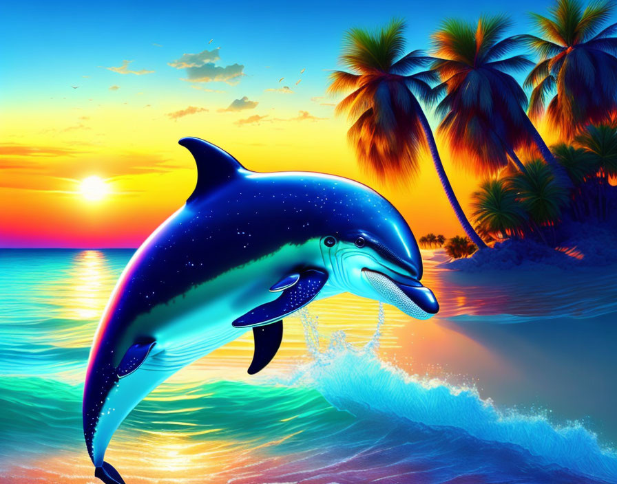 Dolphin leaping over tropical ocean at sunset