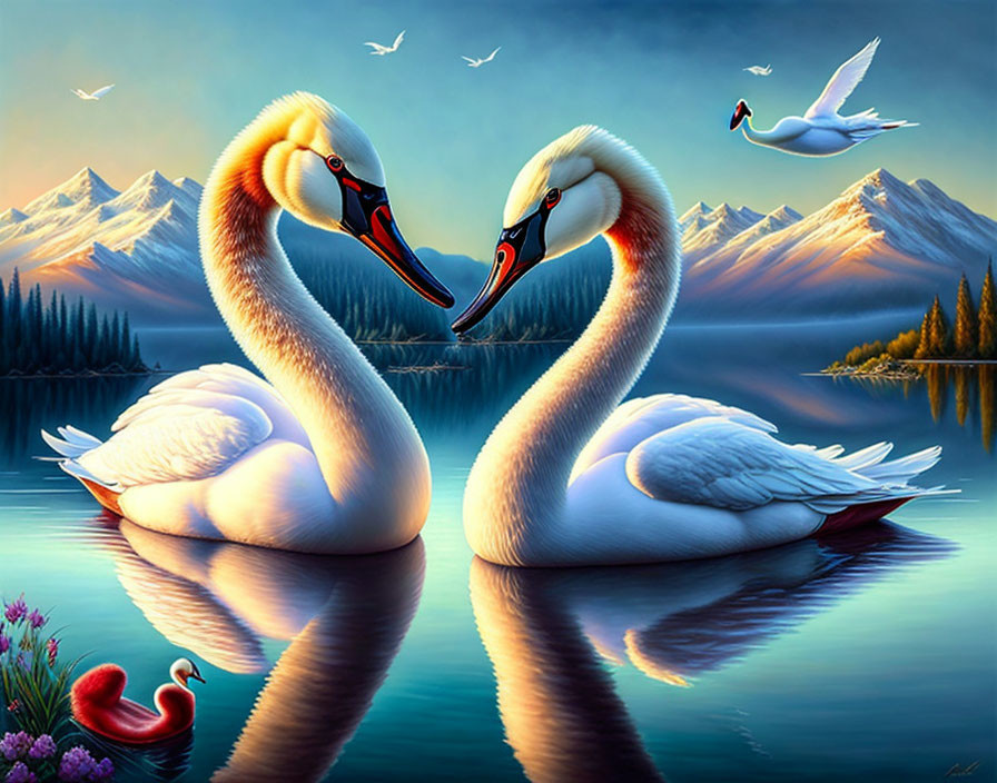 Swans creating heart shape on tranquil lake with mountains and evening light