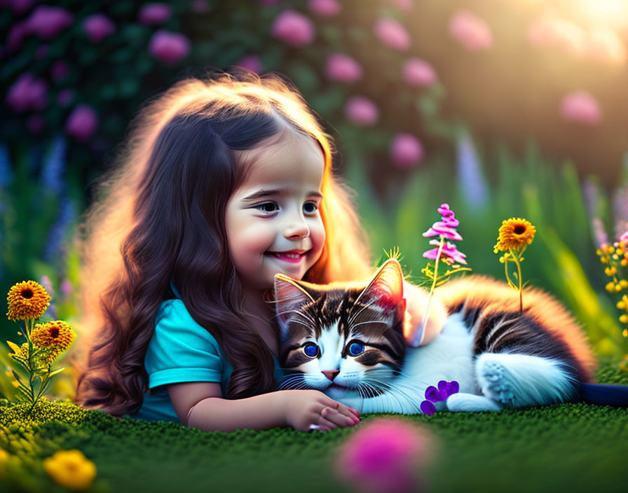 Young girl with curly hair and striped cat in lush garden at twilight