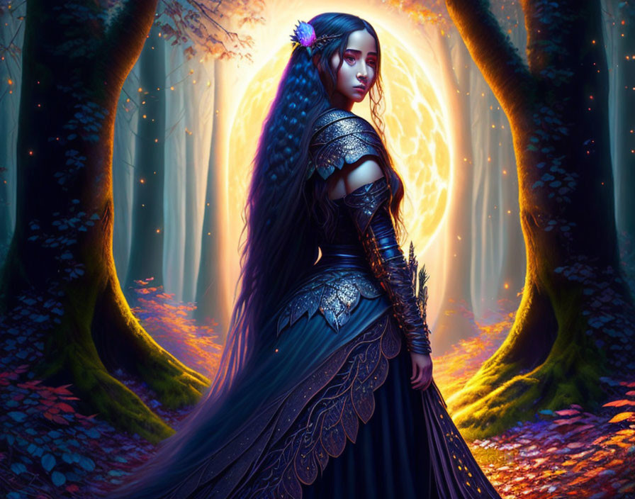 Woman in fantasy armor with floral accessory in enchanted forest.