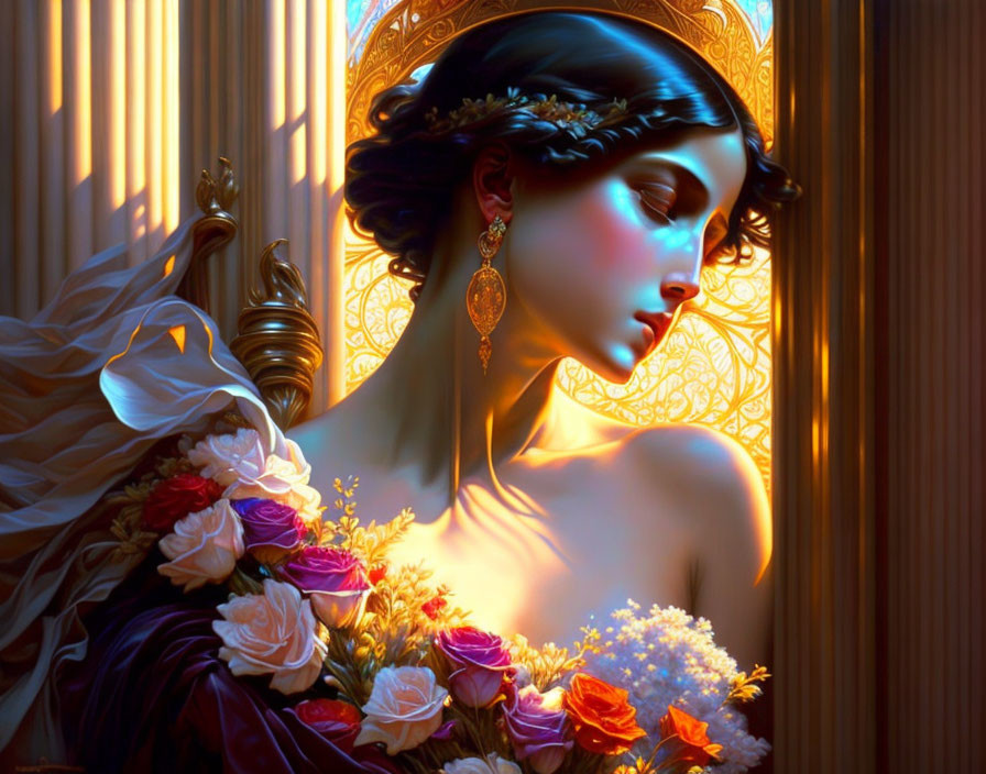 Ethereal woman with laurel wreath and bouquet in golden sunlight