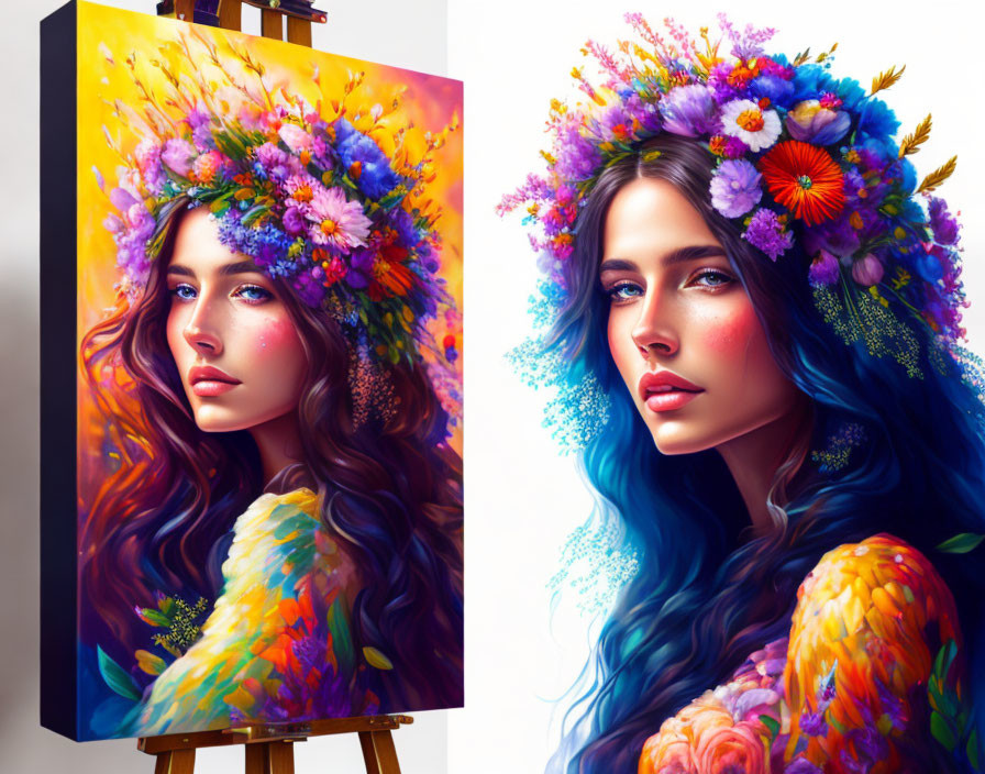 Colorful painting of woman with blue hair and floral crown on easel