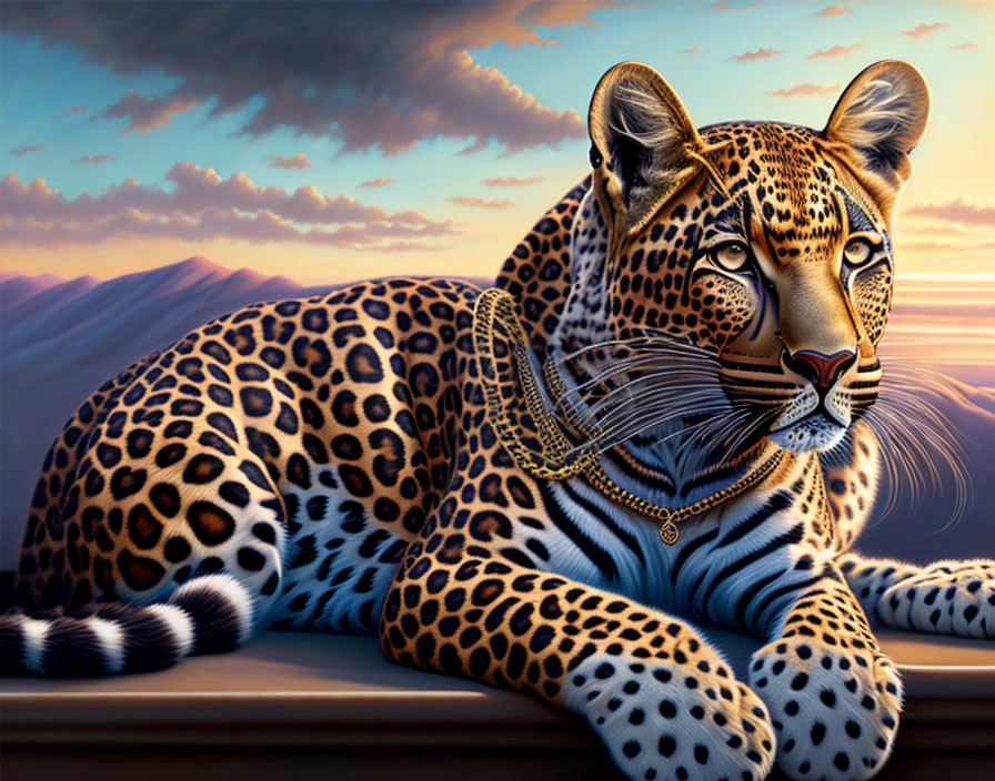 Majestic leopard with intricate spots and golden chains against sunset sky