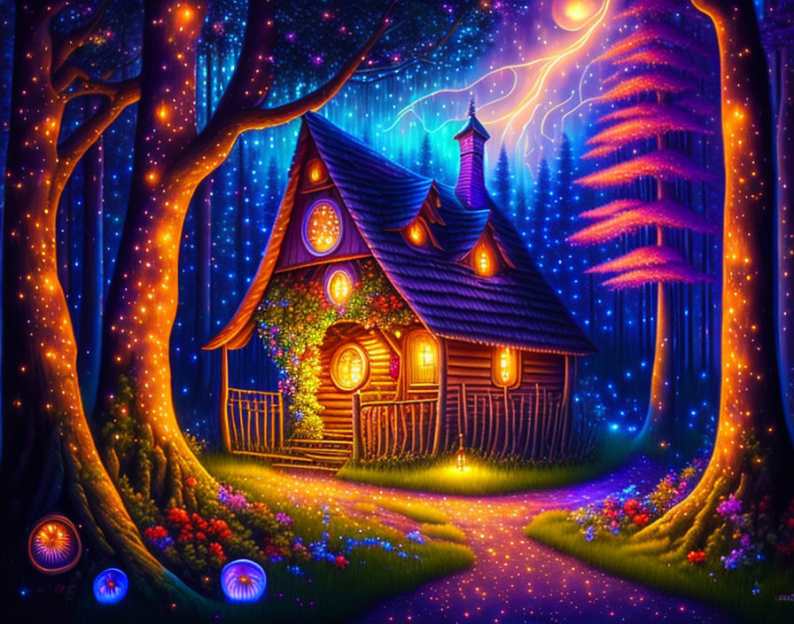 Cozy Cottage in Mystical Forest with Starry Sky