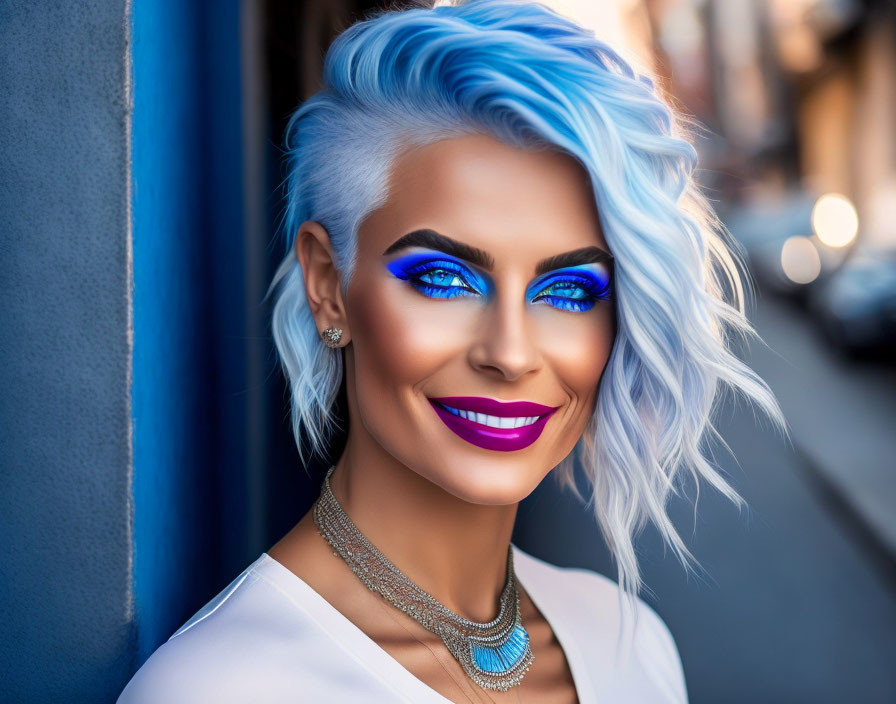 Smiling woman with vibrant blue hair and matching makeup in white outfit