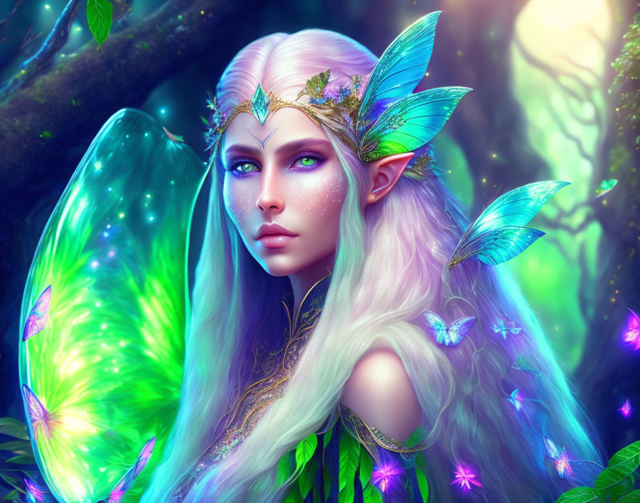 Mystical fairy with luminescent wings in enchanted forest