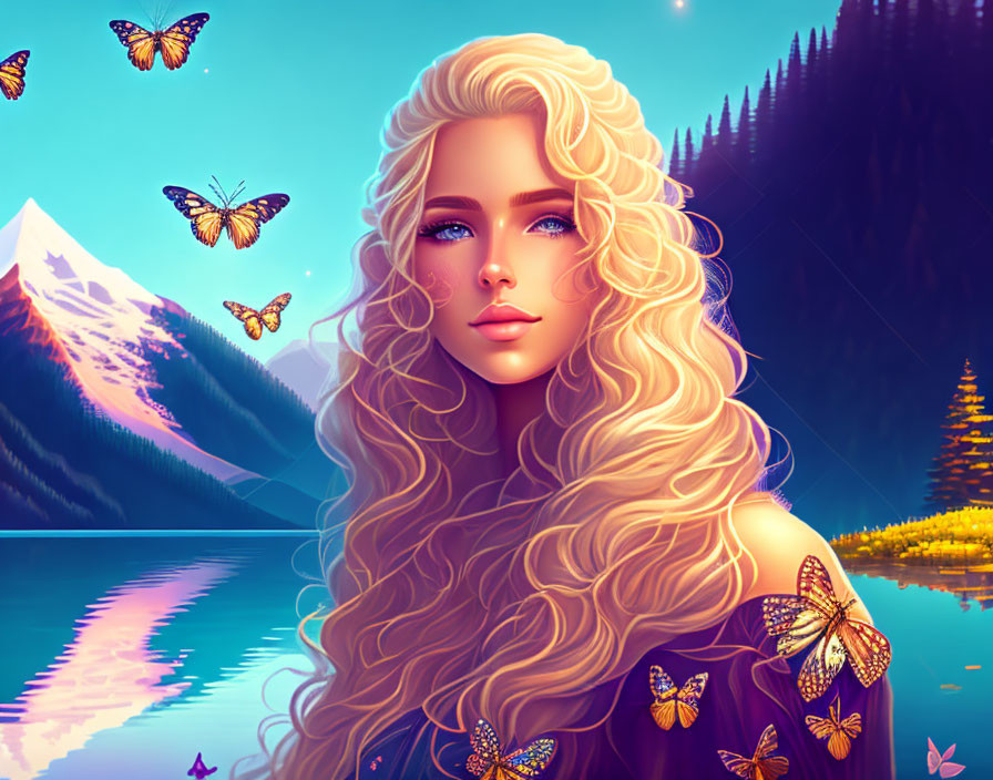 Blond-haired woman portrait with butterflies in nature landscape