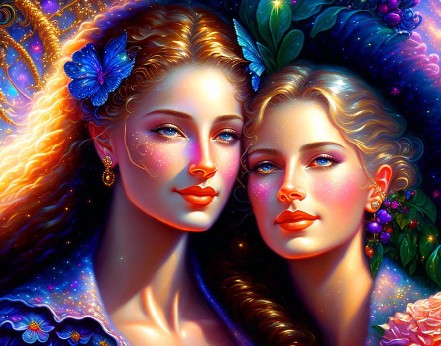 Symmetrical women with floral and butterfly adornments in celestial glow