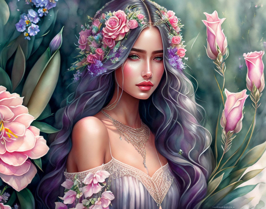 Illustrated Woman with Long Wavy Purple Hair and Floral Crown surrounded by Pink Flowers