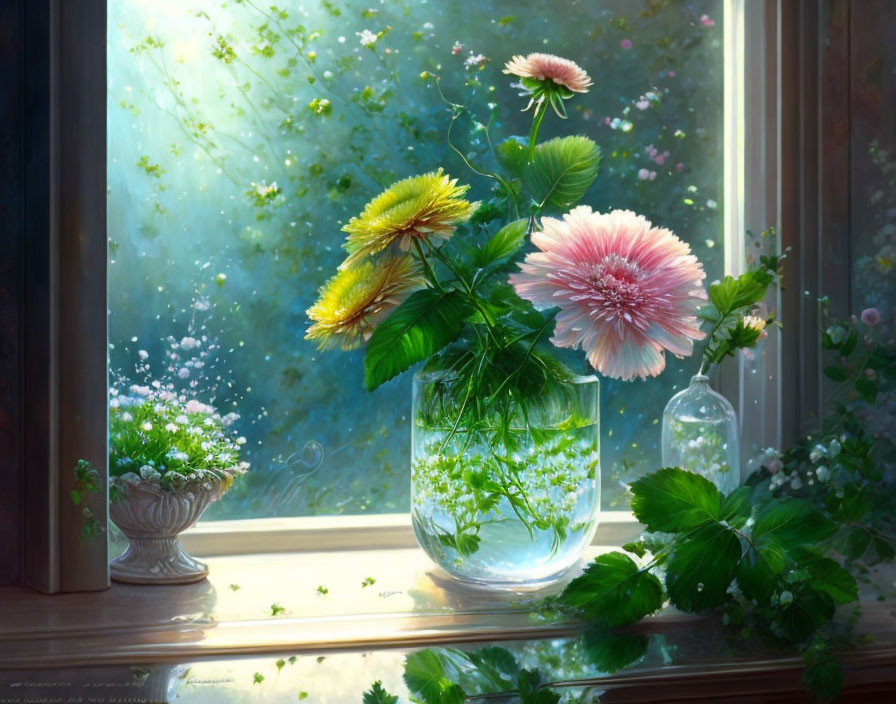 Colorful Flowers in Glass Jar Backlit by Sunlight and Dew-covered Window