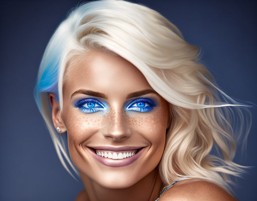 Portrait of Smiling Woman with White Hair and Blue Eyes