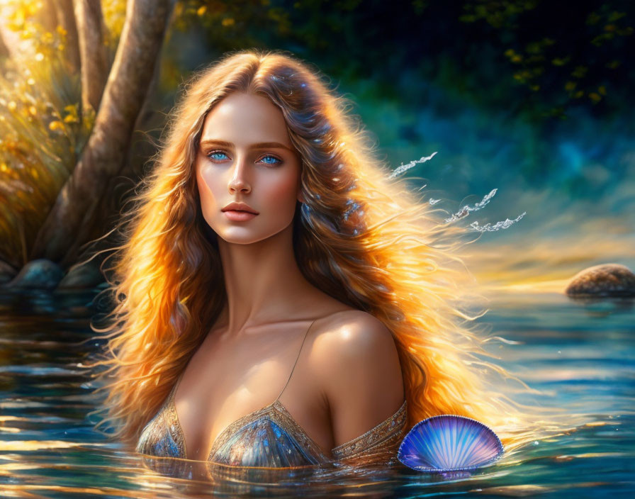 Mystical woman with golden hair in water surrounded by nature