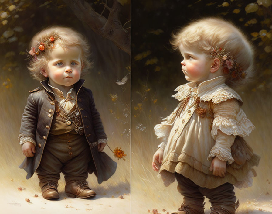 Digital painting of two toddlers in vintage attire with flowers in their hair in a nature-inspired scene.