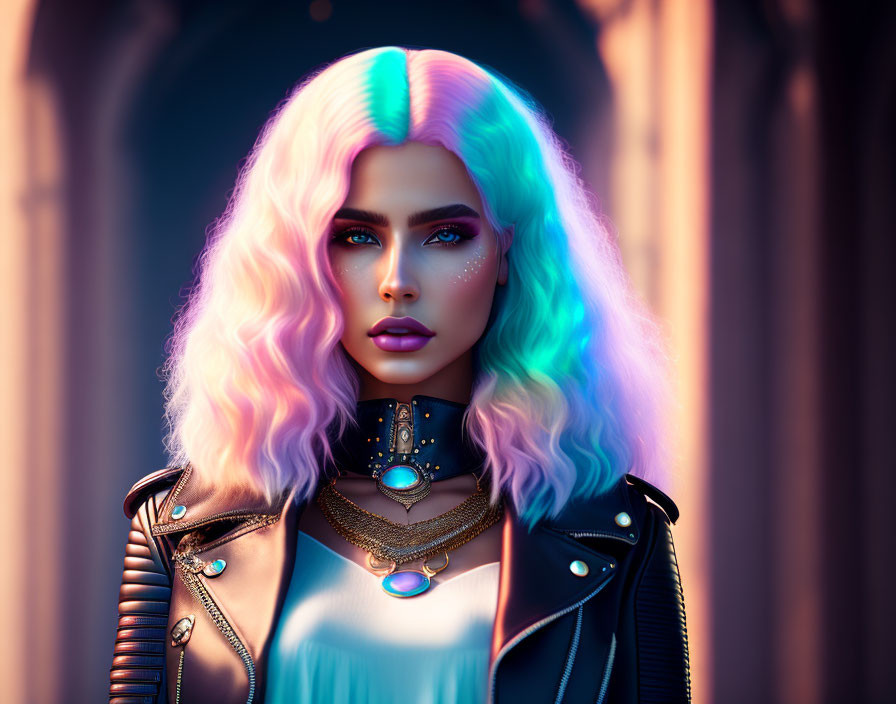 Digital portrait of woman with pastel hair, edgy makeup, leather jacket, futuristic accessories, neon