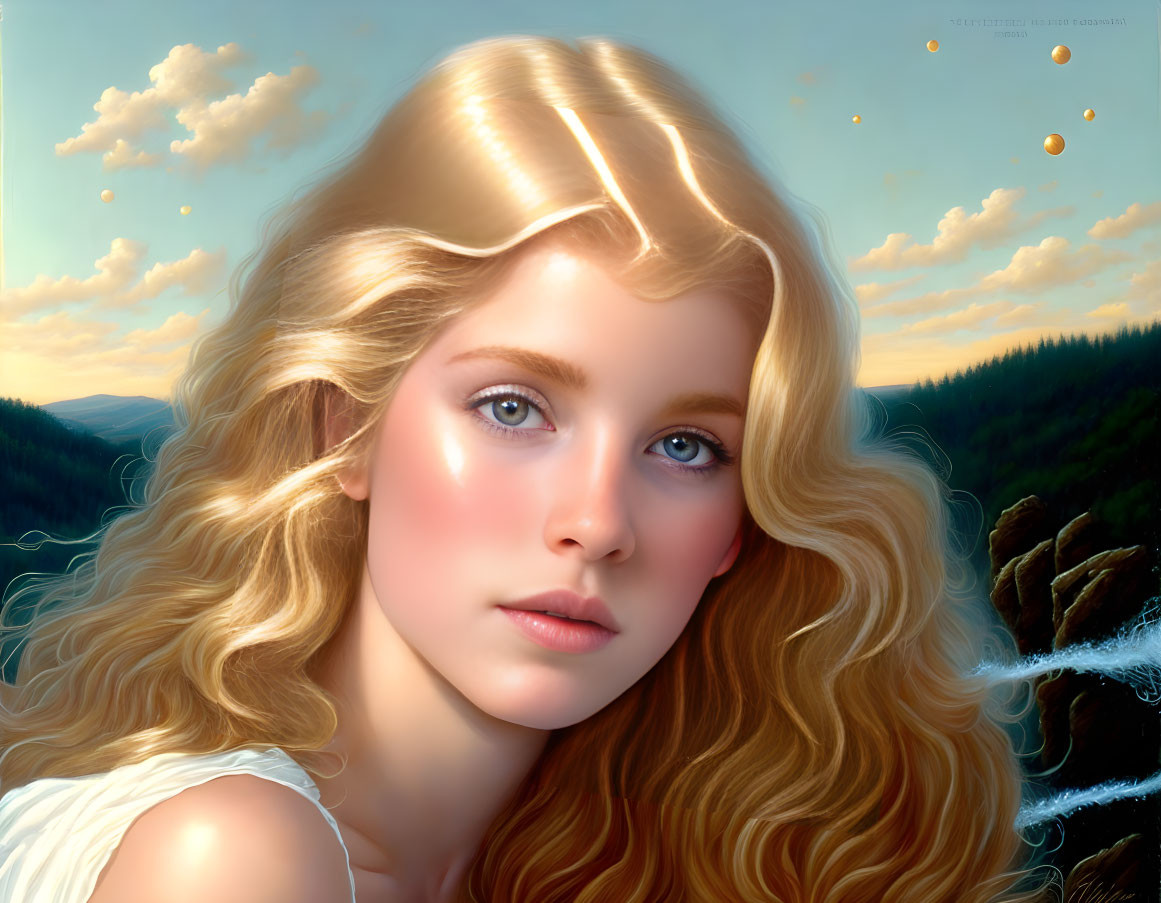 Young woman with golden hair and blue eyes in mountain landscape with sunset sky and lanterns