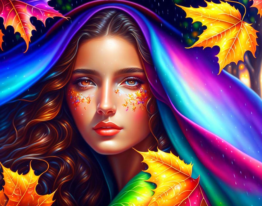 Vibrant digital artwork: Woman with curly hair in autumn setting