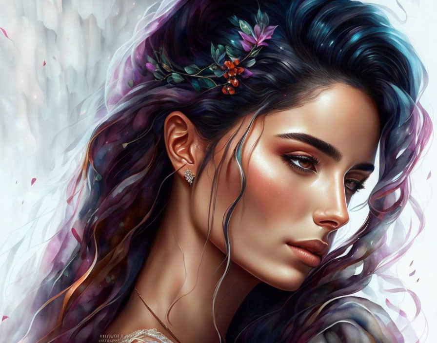 Detailed digital artwork of woman with flowing hair and vibrant flowers