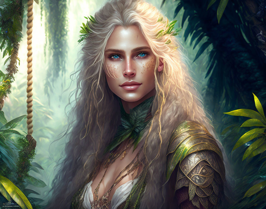 Fantasy female character with blue eyes, white hair, leafy adornments, and armor in jungle