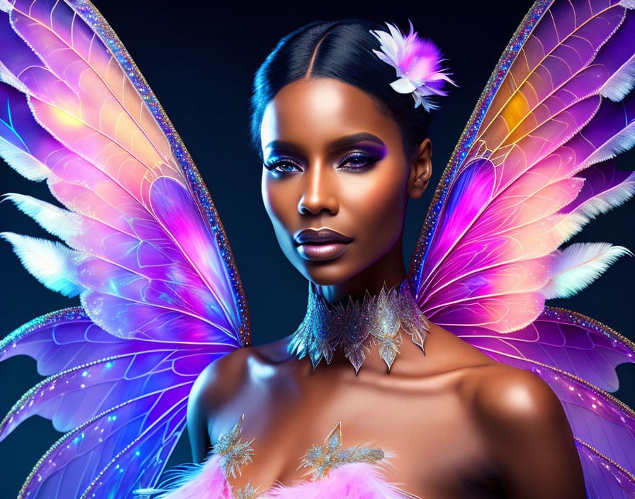 Portrait of woman with radiant skin, dramatic makeup, vibrant butterfly wings