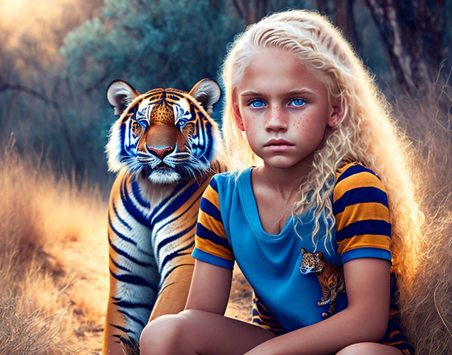 Blonde girl with freckles beside a tiger in golden-lit wilderness