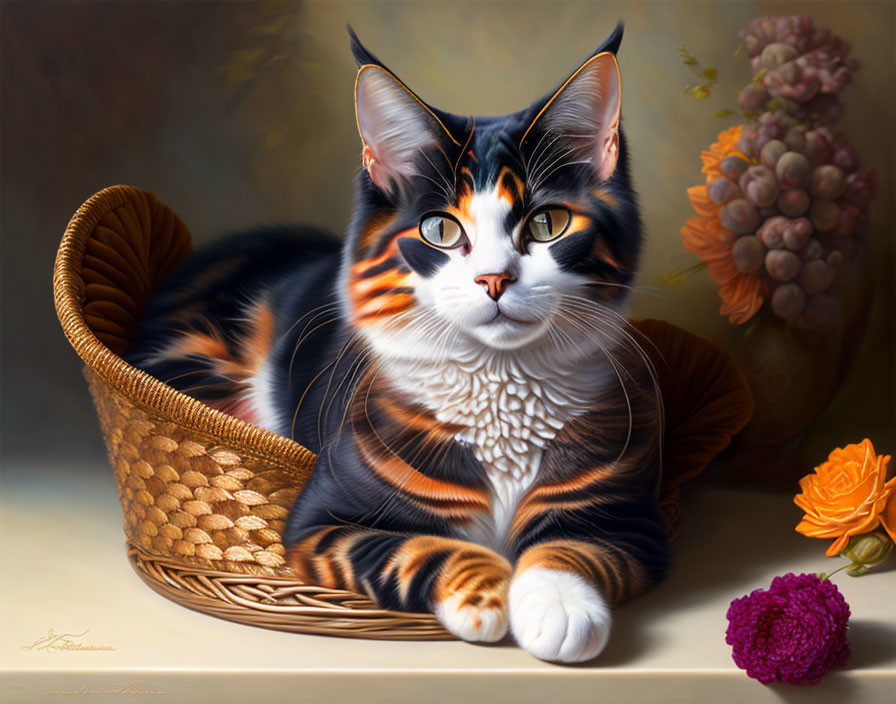 Colorful Cat in Basket with Flowers and Petals Artwork