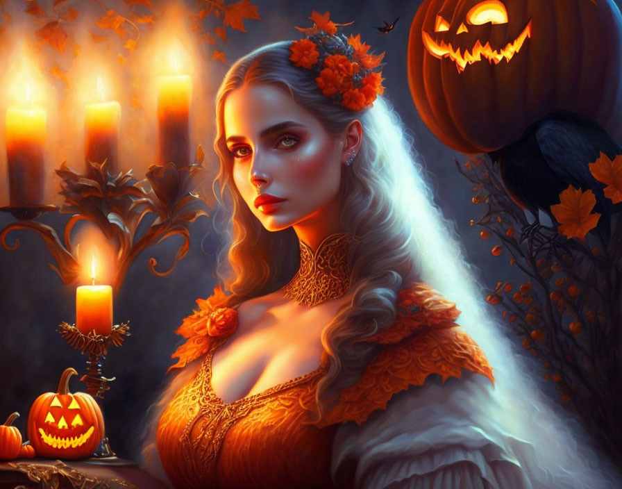 Illustration of woman with autumnal decorations, candles, and glowing Halloween pumpkin.