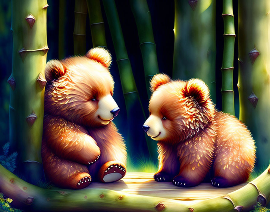 Fluffy fur animated bears in vibrant bamboo forest