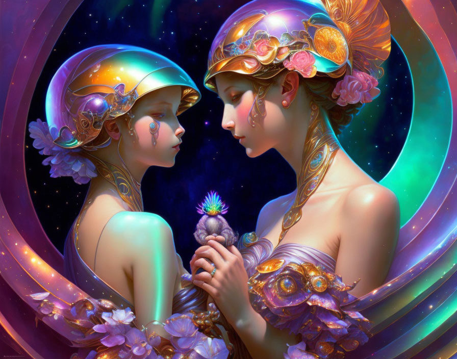 Ethereal figures in ornate armor sharing a tender moment